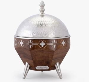 Olla de Madera de Lujo Premium y Duradera para Calentar Comida, con Tapa Plateada Martillada, Patas de Acero Inoxidable e Incrustaciones de Madreperla, Ideal para Ramadán - Product Image 6
