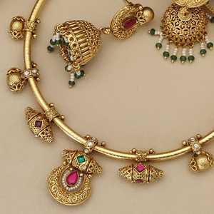 Seaila Exports Stone Kundan Brass Gold Plated Geometric <b>Indian</b> Bridal Jewelry Set Luxury AD Choker Earrings Wedding Festive Gift - Product Image 5