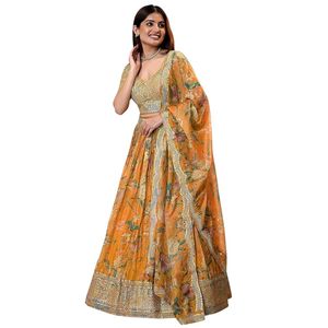 Clothing Women's Print And <b>Sequins</b> Embroidered Organza Semi-stitched Lehenga Choli Set With Dupatta - Product Image 1