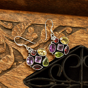 Natural Multi Gemstone Cluster Dangle Earrings 925 <b>Sterling</b> <b>Silver</b> Amethyst Garnet Citrine Peridot Handmade Floral Designer Drop - Product Image 3