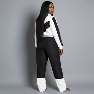 Ensemble de survêtement sportif deux pièces pour femme de haute qualité, coupe ample à manches longues, col montant zippé, color block, toutes saisons - Product Image 3