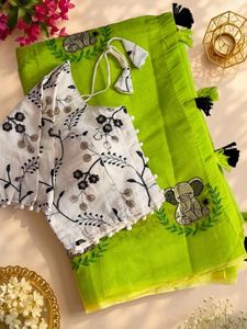 Sari en soie brodé pour femme, avec chemisier Khadi cousu, pallu à franges, tenue ethnique traditionnelle, sari moderne à séchage rapide, robe de fête - Product Image 3