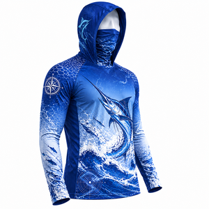 เสื้อตกปลาแขนยาวมีฮู้ดสีน้ำเงินสำหรับผู้ชาย พิมพ์ลายคลื่นมาร์ลินด้วยเทคนิค Heat-Transfer ป้องกันรังสียูวี UPF 50 แห้งเร็ว ปรับแต่งได้ เหมาะสำหรับกิจกรรมกลางแจ้ง - Product Image 6
