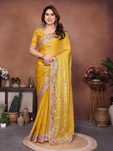 Embroidered Organza Women's Heavy Thread Work Border <b>Saree</b> <b>Blouse</b> Indian Wedding Party Wear Ethnic Winter Summer Stretchable - Product Image 1