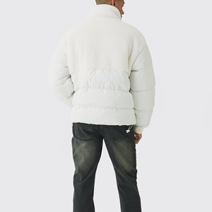 Men's White Quarter-Zip Puffer Jacket With Sherpa Lining And Front Logo Print Casual <b>Winter</b> <b>Coat</b> - Product Image 5