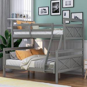 Letto a Castello Grigio con Letto Singolo Sopra e Letto Matrimoniale, con Scala e Ringhiera di Sicurezza per Camera da Letto, per Bambini o Stanza degli Ospiti - Product Image 1