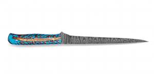 Couteau à fileter de précision artisanal en acier Damas, manche en résine hybride bleue motif pomme de pin, outil spécialisé - Product Image 6