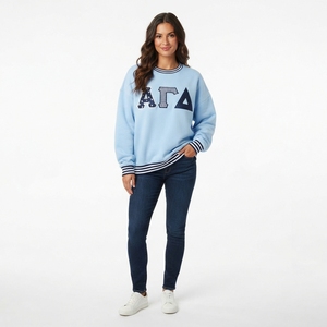 Women's Light Blue Embroidered Greek Letter <b>Crewneck</b> Sweatshirt Oversized Knitted Long Sleeve Autumn Wear - Product Image 1