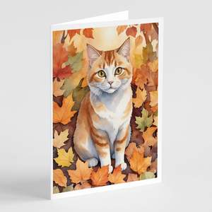 Whimsical Manx Cat in Fall Leaves Pack of 8 A7 Size <b>5x7</b> Blank Note Cards with <b>Envelopes</b> Greeting Cards - Product Image 1