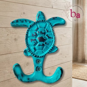 Crochet mural Ba Turtle en métal vieilli Aqua, 2 crochets, design animal original - Product Image 1