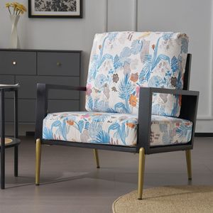 Fauteuil en velours moderne du milieu du siècle cadre en bois massif pieds en métal Design floral bleu pour la lecture pour salon chambre balcon - Product Image 1