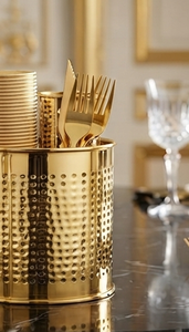 Portacubiertos Cilíndrico Dorado Perforado de Tamaño Mediano, Portacubiertos de Cocina a un Precio Accesible - Product Image 4