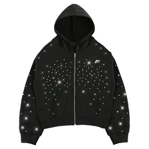 เสื้อฮู้ดซิปผู้ชายประดับเพชรเทียมสั่งทำได้ ขายส่ง ทรงโอเวอร์ไซส์ ตกแต่งด้วยเพชรเทียม ขายส่งเสื้อฮู้ด OEM ผู้ผลิตเสื้อผ้าสตรีทแวร์ - Product Image 2