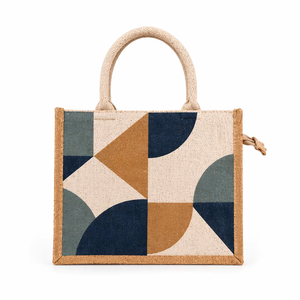 Geometric Printed Jute Tote <b>Bag</b> Eco Friendly Reusable Shopping <b>Bag</b> Zipper Closure Custom Logo Corporate <b>Gift</b> - Product Image 1