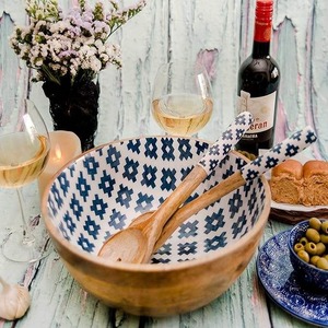 Bol à salade en bois de manguier avec impression émaillée, bol mélangeur, sûr pour les aliments, facile à nettoyer, bol de service pour la maison et les fêtes - Product Image 3