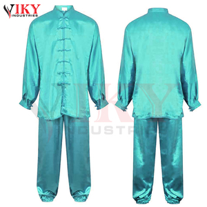 Ensemble haut à manches longues et pantalon en satin soyeux léger avec boutons grenouillère, tenue d'arts martiaux en satin bleu cyan, vente en gros d'usine - Product Image 4