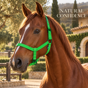 Harnais pour cheval en nylon vert avec couronne réglable et anneaux métalliques |   Collier équestre vert vif avec sangle tissée côtelée - Product Image 2