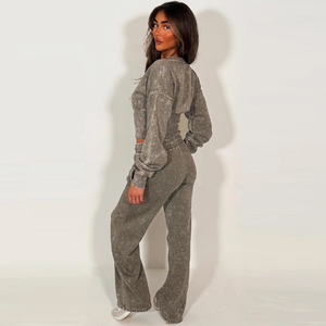 Ensemble vintage délavé à l'acide pour femme : sweat à capuche court et pantalon large, tenue décontractée streetwear ample - Product Image 1