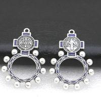 Bague unisexe tendance en alliage plaqué argent avec médaille Saint Benoît et chapelet d'une décade, pour la poche, style catholique, vente en gros