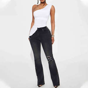 Jeans de mezclilla de alta calidad, cintura alta, con logo personalizado, estilo vintage, azul desgastado, de pierna ancha y rotos, para mujer, los más vendidos. - Product Image 3