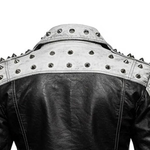 Rhinestones <b>Men's</b> Black Varsity <b>Jacket</b> Genuine Leather Sleeves <b>White</b> Trim Collar Regular Fit Casual Winter Waterproof Reversible - Product Image 6