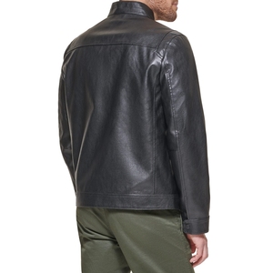 Men's Genuine Leather Moto Jacket Stand Collar Zip Front Solid <b>Black</b> Regular Fit Autumn Outerwear - Product Image 3
