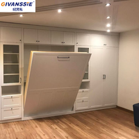 Lit Murphy horizontal blanc avec armoire, vitrine et rangement supérieur, lit mural pliable pour chambre d'amis