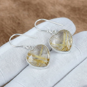 Pendientes de Plata de Ley 925 con Engaste de Bisel y Piedras Preciosas, Pendientes Colgantes de Cuarzo Rutilado Dorado para Uso Diario de Mujer - Product Image 1