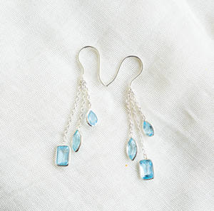 Ocean Breeze Elegance – Pendientes colgantes hechos a mano de plata de ley 925 con triple gota de topacio azul natural - Product Image 1