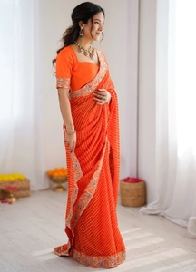 Sari en Georgette de Rayonne KV Traditionnel Imprimé Brodé Réversible Infroissable pour Fête - Product Image 3