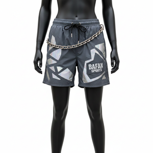 Shorts de Baño Premium para Mujer, 125 GSM, Tela de Poliéster Suave, Color Gris Carbón, Paneles Geométricos Reflectantes, Logotipo Termoadhesivo - Product Image 1