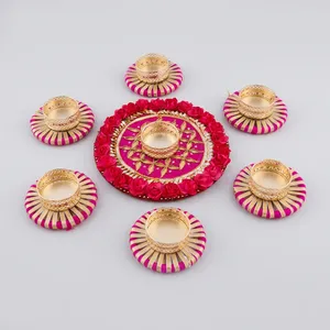 Handmade Pink and Gold Decorative <b>Tealight</b> Candle <b>Holder</b> Set with Floral Rangoli Tray for Diwali Wedding Festival Home Decor - Product Image 1