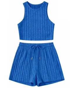 Ensemble décontracté deux pièces pour femme : débardeur court côtelé et short à cordon de serrage, bleu roi – Vente en gros personnalisée OEM - Product Image 1