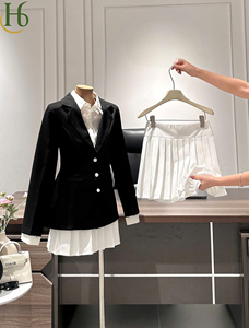 <b>Long</b> Sleeve Solid Cotton Blend Office Casual Women's Shirt <b>Pleated</b> Above-Knee <b>Skirt</b> V-Neck Vest Blazer Set Turn-down Collar - Product Image 1