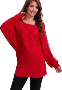 Pull en tricot surdimensionné rouge pour femme avec motif à pois pailletés, manches chauve-souris, col rond, haut long d'hiver - Product Image 5
