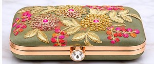 Elegant Olive Green Embroidered Floral Clutch With <b>Sequins</b> Women's Silk Evening <b>Handbag</b> Magnetic Closure - Product Image 5