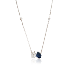 Collar con colgante Toi et Moi de oro blanco de 14 quilates con zafiro azul, elegante, nuevo, de alta calidad, al mejor precio, para mujeres y niñas, regalo para ella, joyería. - Product Image 3