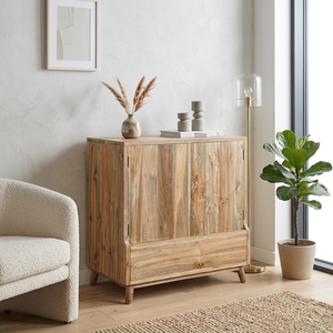 Modern Solid Wood <b>Storage</b> Cabinet Elegant 2 Door Accent Cabinet Furniture With Bottom <b>Drawer</b> For Rustic Living Room Setup Design - Product Image 4