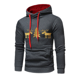 Sudadera con Capucha Gris Oscuro para Hombre con Estampado de Reno y Árbol Dorados, Cordón Rojo, Ropa Casual de Invierno - Product Image 3
