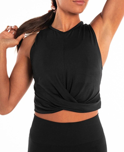 Top Corto Deportivo de Punto Negro para Mujer, Cuello Redondo, Color Sólido, Fruncido Delantero, Transpirable, de Spandex y Poliéster, Venta Caliente 2026 - Product Image 1