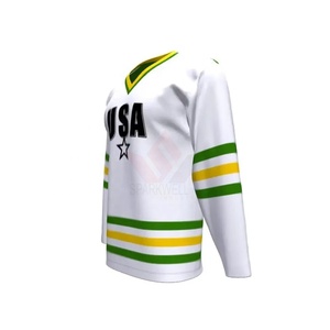 เสื้อฮอกกี้น้ำแข็งสีขาวสำหรับผู้ชายของสหรัฐอเมริกา คอวี แขนยาว พิมพ์ลายโลโก้ด้านหน้า แห้งเร็ว ลายทางสีเขียว/เหลือง ชุดกีฬา - Product Image 4