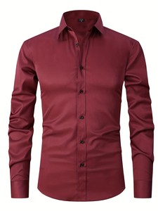 Camisa de vestir de seda satinada color borgoña para hombre, manga larga, cuello vuelto, formal, de color sólido, con botones. - Product Image 3
