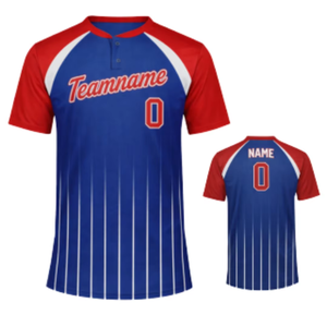 Maillot de baseball personnalisé sublimé pour homme, rayé bleu, rouge et blanc, manches courtes, anti-humidité, logo d'équipe, fermeture boutonnée sur le devant - Product Image 4