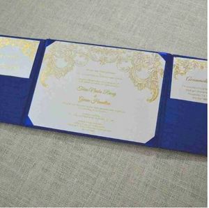 Folio d'invitation de mariage luxueux en soie bleu marine avec ruban or rose, fabriqué en Inde à bas prix, carte de mariage - Product Image 1