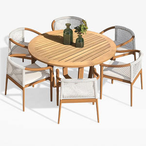 Juego de Comedor Moderno con Mesa Redonda en Acabado Natural y Sillas con Cuerda Tejida para Uso en Exteriores, Ecológico - Product Image 1
