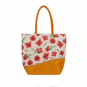 Jute Shopping <b>Bag</b> <b>Medium</b> <b>Size</b> Red Flower Pattern Orange Handle Reusable Tote for Groceries - Product Image 3