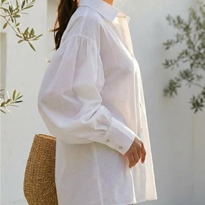 Camisa con botones y mangas abullonadas para mujer, blusa informal de corte holgado, top con cuello y manga larga para uso diario y de oficina - Product Image 6