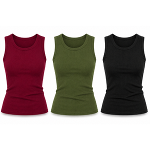 Débardeur côtelé respirant pour femme, sans manches, col rond, coupe ajustée, tricoté, 95% coton, couleur unie, style décontracté streetwear - Product Image 3