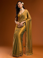 Saree Campuran Sutra Emas Bordir Tepi Blus Tanpa Jahitan Pakaian Pernikahan Tradisional India Wanita Panjang Menyentuh Lantai Cepat Kering Semua Ukuran
