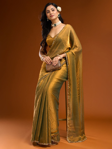 Sari en mélange de soie dorée avec bordure brodée, chemisier non coupé, tenue de mariage indienne traditionnelle pour femme, longueur au sol, séchage rapide, tout confort - Product Image 1